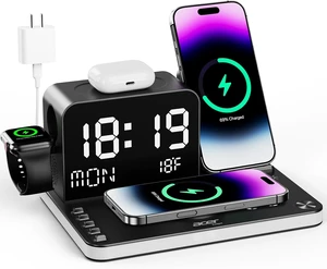 Gadget 7-in-1 Wireless Charging Station Charger Stand for Multiple Devices for - iPhone 17 16 15 14 13 12 Pro Max Watch Airpods, Wireless iPhone Charger Station with Bluetooth TimeSyn Gadget 7-in-1 Wireless Charging Station Charger Stand for Multiple Devices for - iPhone 17 16 15 14 13 12 Pro Max Watch Airpods, Wireless iPhone Charger Station with Bluetooth TimeSyn