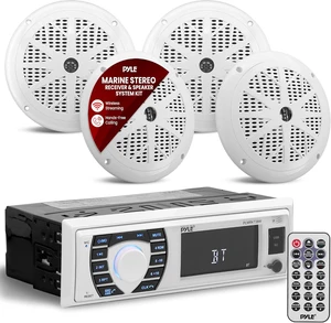 Marine Radio Receiver Speaker Set 12v Single Din Style Bluetooth Compatible Waterproof Digital Boat In Dash Console System with Mic 4 Speakers, Remote Control, Wiring Harness PLMRKT38W (White) Marine Radio Receiver Speaker Set 12v Single Din Style Bluetooth Compatible Waterproof Digital Boat In Dash Console System with Mic 4 Speakers, Remote Control, Wiring Harness PLMRKT38W (White)
