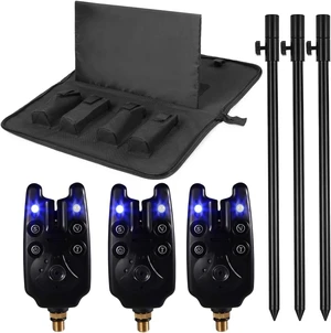 Fishing Bite Alarm Set with 3 LED Alarms & 3 Extendable Aluminum Banksticks, Waterproof Tool Bag Fishing Bite Alarm Set with 3 LED Alarms & 3 Extendable Aluminum Banksticks, Waterproof Tool Bag