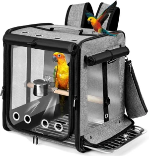 Bird Backpack Carrier with Seat Belt & Stainless Steel Mesh, Large Travel Cage, Grey Bird Backpack Carrier with Seat Belt & Stainless Steel Mesh, Large Travel Cage, Grey