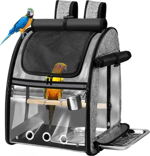 Bird Carrier Backpack with Stainless Steel Mesh & Stand, Easy-Clean Portable Travel Cage for Parrots, Grey Bird Carrier Backpack with Stainless Steel Mesh & Stand, Easy-Clean Portable Travel Cage for Parrots, Grey