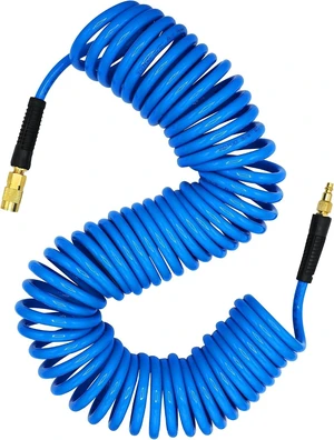 3/8" x 50ft Polyurethane Recoil Air Hose with Bend Restrictor & Repairable Quick Coupler, Blue 3/8" x 50ft Polyurethane Recoil Air Hose with Bend Restrictor & Repairable Quick Coupler, Blue