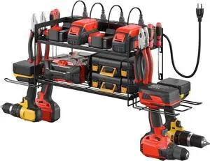Garage Tools Storage with Charging Station. Power Tool Battery Organizer Utility Shelf with Power Strip. 4 Drills Holder Wall Mount Rack, Black.