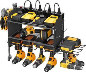 Modular Power Tool Organizer Wall Mount Charging Station, Black 6 Drills Holder with 8 Plug Power Strip, Garage Drill Battery Heavy Duty Metal Shelf, Utility Rack with Hooks, Side Storage.