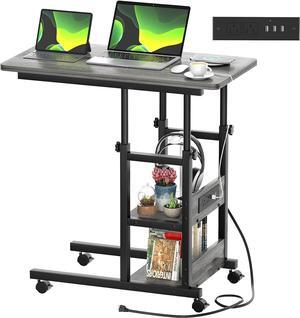 Height Adjustable C Shaped End Table with Charging Station, Mobile Laptop Side Table with USB Port and Wheels, Sofa Couch Table with 2-Tier Storage Shelve for Living Room Bedroom, Grey Oak