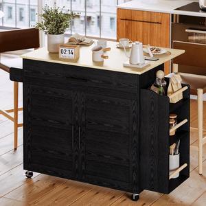 Kitchen Island with Storage, Rolling Kitchen Island on Wheels with Drop Leaf, Charging Station, 3 Open Spice Rack, Cabinet, Drawer, Kitchen Cart Island Table for Kitchen, Black