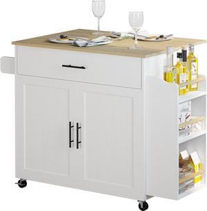 Kitchen Island with Storage, Rolling Kitchen Island on Wheels with Drop Leaf, 3 Open Spice Rack Shelf, Door Cabinet, Drawer, Kitchen Cart Island Table for Kitchen, White