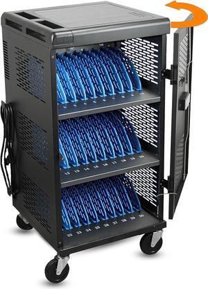 Fully Assembled 30 Unit Device Charging Station for Chromebook, iPad, 14'' Laptop - Pre Built Charging Cart with Charger Cable Management, Circuit Breaker, Grounding Protection (Black)