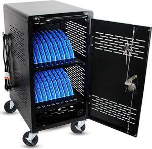 Fully Assembled Charging Cart for 20 Tablets/Laptops up to 14'' Screensize and 1'' Thick - Includes Cable Management Dividers, Cable Clips, Storage Compartment, and Removable Doors (Black)