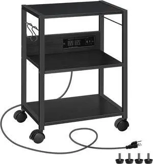 Printer Cart, 3-Tier Mobile Printer Stand, Rolling Cart with Power Outlets and USB Ports, Home Printer Stand with 2 Hooks, for Office, Living Room, Black PTHB40E01