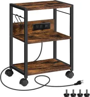 Printer Cart, 3-Tier Mobile Printer Stand, Rolling Cart with Power Outlets and USB Ports, Home Printer Stand with 2 Hooks, for Office, Living Room, Rustic Brown