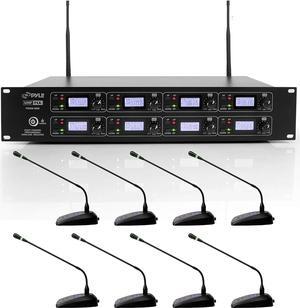 Pyle 8 Channel Conference Microphone System - UHF Desktop, Table Meeting Wireless Microphones & Receiver w/ 8 Gooseneck Mics, Rack Mountable & LED Audio Signal Indicator Lights PDWM8880,Black