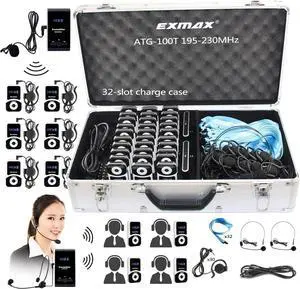 ATG-100T 195MHz Wireless Tour Guide System Voice Audio Transmission +32-Slot Charge Case for School Teaching Tour Guides Conference Church Translation City Trip(2 Transmitters and 30 Receivers)