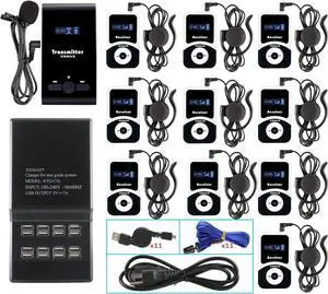 ATG-100T 195MHz Wireless Tour Guide System Voice Transmission Microphone Earphone Headset for Church Translation Silent Conference Travel Traning (1 Transmitter 10 Receivers Charging Base)