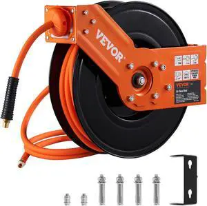 Retractable Air Hose Reel, 3/8 IN x 50 FT Hybrid Air Hose Max 300PSI, Air Compressor Hose Reel with 5 ft Lead in, Ceiling/Wall Mount Heavy Duty Double Arm Steel Reel