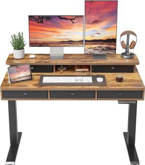 Height Adjustable Electric Standing Desk with 5 Drawers, 48 x 24 Inch Table with Storage Shelf, Sit Stand Desk Black Frame/Rustic Brown Top, 48 inch