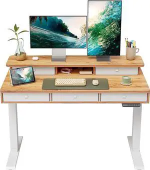 Height Adjustable Electric Standing Desk with 5 Drawers, 48 x 24 Inch Table with Storage Shelf, Sit Stand Desk White Frame/Light Rustic Top, 48 inch