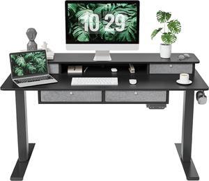 Sturdy Height Adjustable Electric Standing Desk with Drawers, 55 x 24 Inch Stand Up Table with Large Storage Shelf, Sit Stand Desk, Black Top
