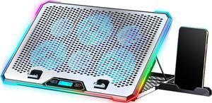 Aluminum Alloy Laptop Cooling Pad,RGB Gaming Laptop Cooler with 6 Quiet Cooling Fans for 15.6-17.3 inch laptops, 9 Height Stand, LCD Screen, 4 USB Ports with 1 3.0HUB 2 2.0HUB, Lap Desk Use