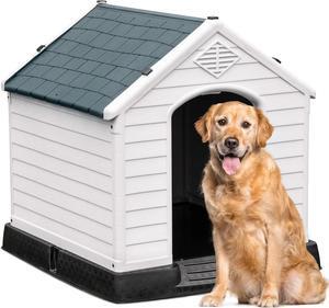 41'' Large Plastic Dog House Outdoor Indoor Doghouse Puppy Shelter Water Resistant Easy Assembly Sturdy Dog Kennel with Air Vents and Elevated Floor (41''L*38''W*39''H, Gray)