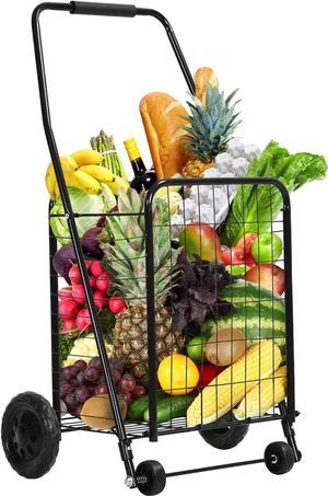 Folding Shopping Cart with Wheels, Rolling Foldable Grocery Cart for Seniors, Portable Collapsible Utility Cart for Shopping Groceries Laundry Storage Organizer