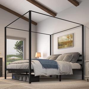 Metal Four Poster Canopy Bed Frame 14 Inch Platform with Built-in Headboard Strong Metal Slat Mattress Support, No Box Spring Needed, Black, King Size