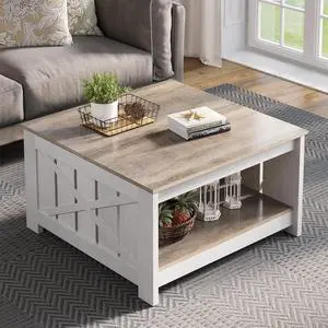 Square Wood Modern Rustic Coffee Table with Half Open Storage Compartment for Living Room