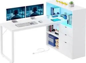 L Shaped Desk with Power Outlets & LED Lights & File Cabinet, 55 Inch Large Computer Desk Corner Desk with 3 Drawers and 3 Storage Shelves, Home Office Desk with Bookshelf, White