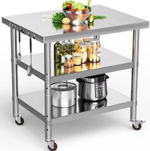 Stainless Steel Table, 36" X 24" Work Table with Wheels, 3 Shelves Metal Table Prep Table for Home Kitchen Restaurant Garage Warehouse Outdoor
