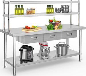 Stainless Steel Table with Overshelves & Drawers, 72" X 24" Work Table with 72" X 12" Shelf & 3 Drawers, Metal Table Prep Table