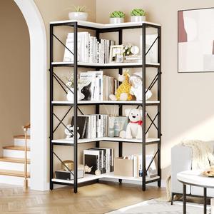 Corner Bookshelf, 5-Tier L-Shaped Bookcase Storage Organizer, Tall Open Display Freestanding Storage Rack Modern Book Shelf for Living Room, Bedroom, Home Office, White