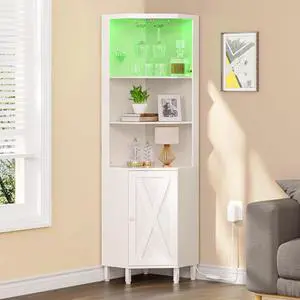 Corner Bar Cabinet with LED Lights & Glass Holder, 5 Tier Corner Shelf with Storage, Wine Rack Cabinet Display Shelves for Living Room, Dining Room, Kitchen, White