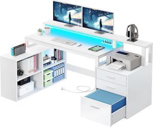 L Shaped Desk with Power Outlets & LED Lights & File Cabinet, 65" Computer Desk Corner Desk with 3 Drawers and 4 Storage Shelves, Home Office Desk with Monitor Stand, Printer Stand, White