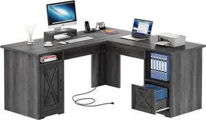 L Shaped Desk with Power Outlets, 60 Inch Computer Desk Corner Desk with File Drawer, Home Office Desk with Monitor Stand & Storage Shelves, L-Shaped Desk with File Cabinet, Grey