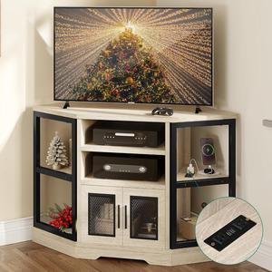 Corner TV Stand for TVs up to 55/50 Inch with Power Outlet, Modern Farmhouse Entertainment Center, Wood TV Media Console with Storage Cabinets Shelves for Living Room, White Oak