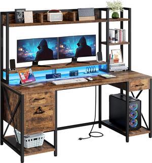 Computer Desk with Drawers & Power Outlets, Letter/A4 File Drawers with Lock, 59.1" Home Office Desk with Storage Shelves & Monitor Stand, Gaming Desk with LED Lights & Hutch, Rustic Brown