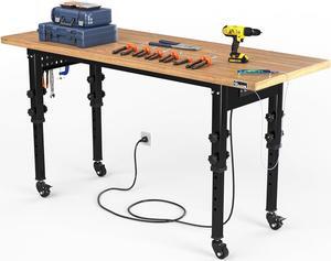Work Bench 60" L X 24" W Adjustable Workbench for Garage W/Pegboard & Power Outlets Heavy-Duty Workstation, 1600 LBS Load Capacity with Wheels for Workshop, Office, Home Outdoor