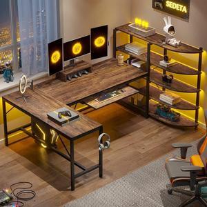 L Shaped Computer Desk, 63'' Office Desk with Keyboard Tray & LED Light, L Shaped Desk with Storage Shelves and Monitor Stand for Home Office, L Desk, Rustic Brown