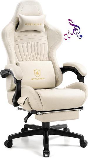 Gaming Chair with Speakers, Computer Chair with Footrest, High Back Ergonomic Gaming Chair, Reclining Gaming Chair with Linkage Armrests for Adults by GTRacing (Ivory)