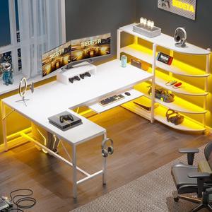 L Shaped Computer Desk, 63'' Corner Gaming Desk with Keyboard Tray & LED Lights, L Shaped Desk with Storage Shelves, Monitor Stand and Headphone Hook for Home Office, White