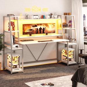 White Gaming Desk 78.8'' with LED Lights, Hutch and Storage Shelves, Computer Desk with Monitor Stand, Large PC Gamer Desk Workstation, Ergonomic Gaming Table for Bedroom, Living Room