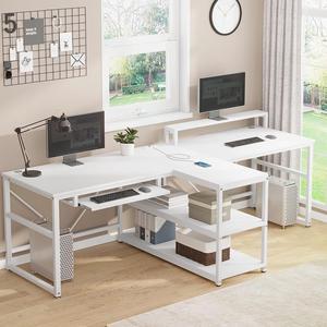 94.5" White Computer Desk, Two Person Gaming Desk with LED Light, Keyboard Tray, Power Strip with USB, Monitor Shelf & Storage, Extra Long Double Desk for Home Office, White.