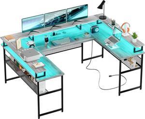 U Shaped Desk, Reversible L Shaped Computer Desk with Monitor Stand and LED Strip, Large Corner Office Desk with Power Outlets and Storage Shelves, 83 Inch U- Shaped Gaming Desk, White Oak