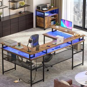 U Shaped Computer Desk with Monitor Stand and LED Lights, Reversible L Shaped Office Desk with Power Outlet and Storage Shelf, 130 Inch Large Corner Table, U- Shaped Gaming Desk, Rustic Brown