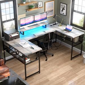 U Shaped Computer Desk with Power Outlet and LED Strip, Reversible L Shaped Office Desk with Monitor Stand and Bookshelf, Modern U- Shape Corner Desk, 130 Inch 2 Person Gaming Table,Light Walnut