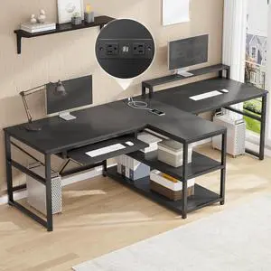 94.5" Office Computer Desk, 2 Person Gaming Desk with Storage, LED Lights, Keyboard Tray, Power Strip with USB & Monitor Stand, Long Two Person Desk for Home Office, Black