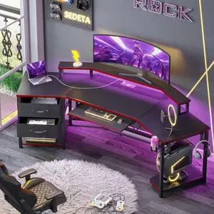 79" Gaming Desk, Computer Desk with 2 Fabric Drawers & LED Light, L Shaped Gaming Desk with Storage Shelf for Home Office, Carbon Fiber Black&Red
