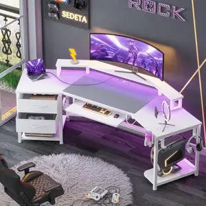 79" Gaming Desk, Computer Desk with 2 Fabric Drawers & LED Light, White Small Desk with Storage for Home Office, Carbon Fiber White