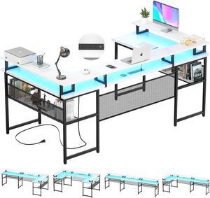 U Shaped Computer Desk with Monitor Stand and LED Lights, Reversible L Shaped Office Desk with Power Outlets and Storage Shelves, U- Shaped Gaming Desk, 130 Inch 2 Person Long Table, White