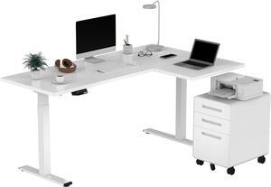 Dual Motor L-Shaped Electric Standing Desk Height Adjustable Stand up Desk with 3 Drawer File Cabinet,63 x 40 Inches White Top/White Frame